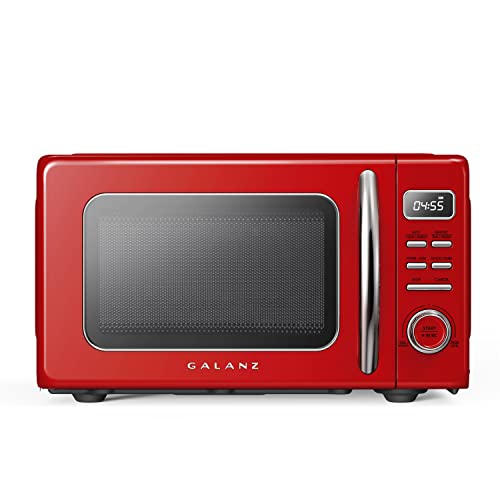 Galanz GLR12TRDEFR Refrigerator, Retro Red, 12.0 Cu Ft & Galanz GLCMKZ09RDR09 Retro Countertop Microwave Oven with Auto Cook & Reheat, Defrost, Quick Start Functions, 0.9 cu ft, Red