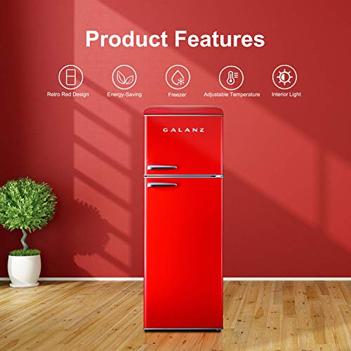 Galanz GLR12TRDEFR Refrigerator, Retro Red, 12.0 Cu Ft & Galanz GLCMKZ09RDR09 Retro Countertop Microwave Oven with Auto Cook & Reheat, Defrost, Quick Start Functions, 0.9 cu ft, Red