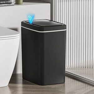 Sooyee Bathroom Trash Can with Lid, 4.2 Gallon Slim Smart Trash Can, Small Plastic Trash Bin, 16 L Narrow Plastic Trash Can Waste Basket for Bedroom, Bathroom, Kitchen, Office,Black