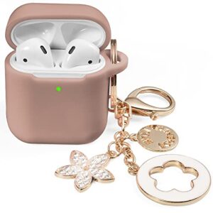 oleband airpod case with cute bling keychain,ipods silione protective and anti-slip cover for apple air pod 2 case,led visible,for women and girls,milk tea