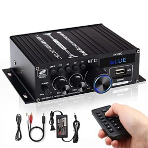 ak-380 bluetooth amplifier with remote control function, 2.0 bluetooth amplifier supports bluetooth/usb/aux/rca input and fm radio function (with 12v/5a dc power supply)