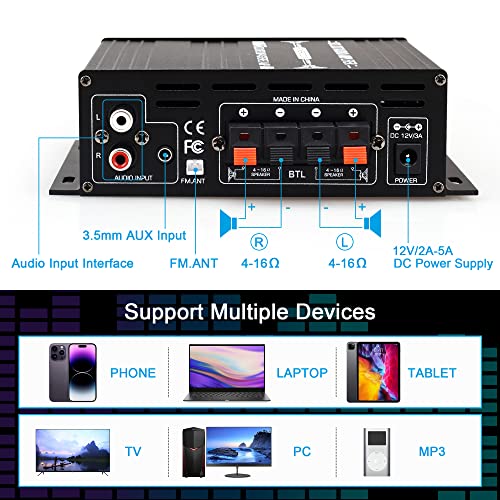 AK-380 Bluetooth Amplifier with Remote Control Function, 2.0 Bluetooth Amplifier Supports Bluetooth/USB/AUX/RCA Input and FM Radio Function (with 12V/5A DC Power Supply)