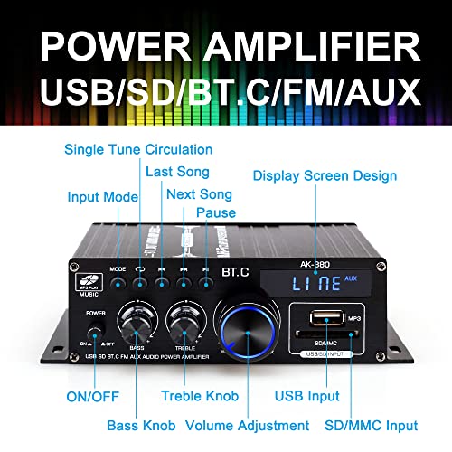 AK-380 Bluetooth Amplifier with Remote Control Function, 2.0 Bluetooth Amplifier Supports Bluetooth/USB/AUX/RCA Input and FM Radio Function (with 12V/5A DC Power Supply)