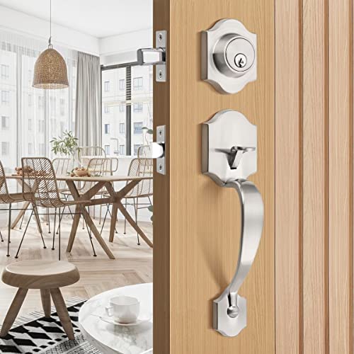 Tinewa 1 Pack Single Cylinder Deadbolt HandleSet with Lever Inside, Front Entrance Door Handle, Reversible Door Handle Set Satin Nickel Finish