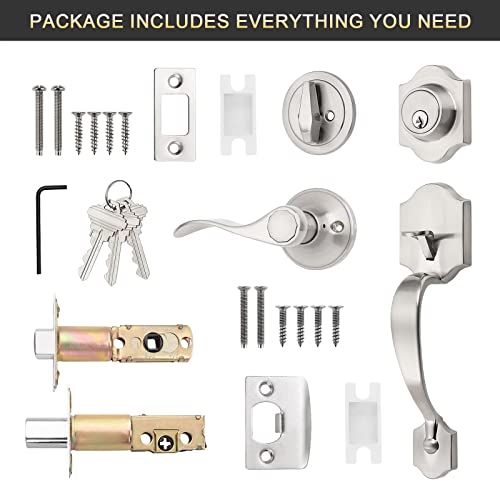 Tinewa 1 Pack Single Cylinder Deadbolt HandleSet with Lever Inside, Front Entrance Door Handle, Reversible Door Handle Set Satin Nickel Finish