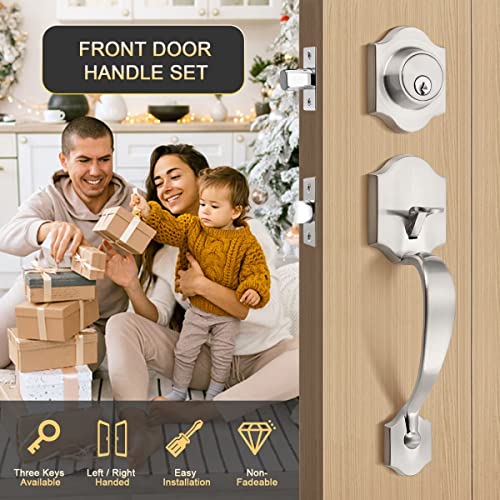 Tinewa 1 Pack Single Cylinder Deadbolt HandleSet with Lever Inside, Front Entrance Door Handle, Reversible Door Handle Set Satin Nickel Finish