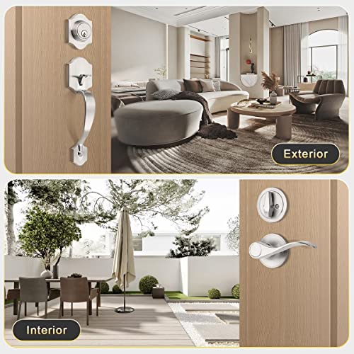 Tinewa 1 Pack Single Cylinder Deadbolt HandleSet with Lever Inside, Front Entrance Door Handle, Reversible Door Handle Set Satin Nickel Finish