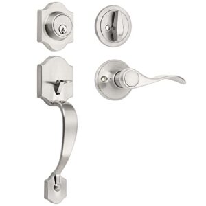 Tinewa 1 Pack Single Cylinder Deadbolt HandleSet with Lever Inside, Front Entrance Door Handle, Reversible Door Handle Set Satin Nickel Finish