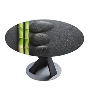 poeticcity black zen basalt stones with dew green bamboo on dark round tablecloth with elastic edge, washable waterproof table cover desk cloth for dining indoor & outdoor 40"-48" in diameters