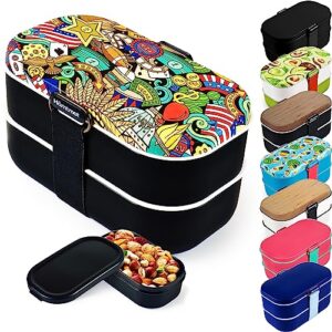 hÄmtmat® [upgraded bento lunch box all-in-one: 2 food containers, sauce cup, spoon+fork+chopsticks. 100% leakproof lids. portable for work, lunch, travel - american comic box style