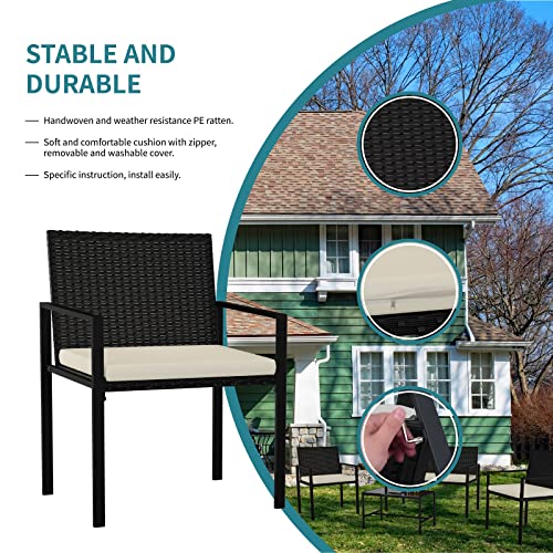 Bigzzia Patio Furniture Set, 4 Pcs Outdoor Conversation Furniture, Includes 2 Rattan Chairs and 1 Loveseat, 1 Tempered Glass Table, with Extra Cushions, Garden Furniture Set for Small Spaces