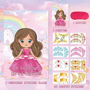 Pin The Crown on The Princess Party Games for Kids Girls Princess Birthday Party Supplies Pin The Tail Game Princess Tea Party Decorations, Large Princess Poster with 24 Crown Stickers