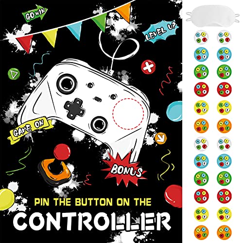 Gamer Video Game Birthday Games - Pin The Button On The Controller Party Game for Boys Kids Gaming Party Decorations Supplies 21’’ X 28’’ Poster with 24 Button Stickers Board Game on Party Favors