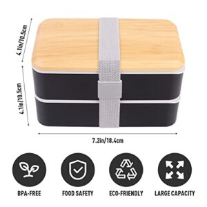 Lunch Box Bento Box for Adult, Bento Box with 2 Dividers and a Spoon and Knife and Fork, Leakproof Lunch Container, Upgraded Plastic Bamboo Pattern Cover and Black Appearance