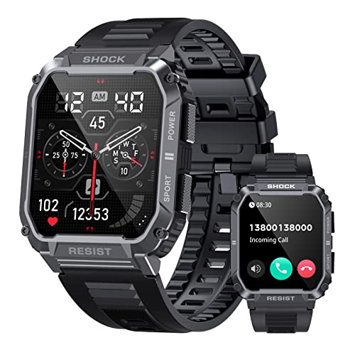 PUREROYI Military Smart Watches for Men,1.95'' 5ATM Waterproof Watch with Bluetooth Call (Answer/Make Calls), 123 Sports Modes Fitness Tracker Tactical Smartwatch for iPhone Android Phone