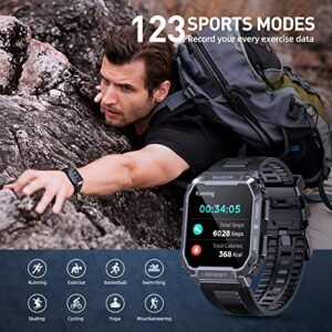 PUREROYI Military Smart Watches for Men,1.95'' 5ATM Waterproof Watch with Bluetooth Call (Answer/Make Calls), 123 Sports Modes Fitness Tracker Tactical Smartwatch for iPhone Android Phone