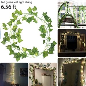 2 Pack 6.56 Ft Green Ivy Leaves Fairy String Lights Battery Operated, 80 LEDs Battery Powered Artifical Garland Plant Vine Fairy Light for Bedroom Wedding Party Holiday Patio Decor（Warm White）