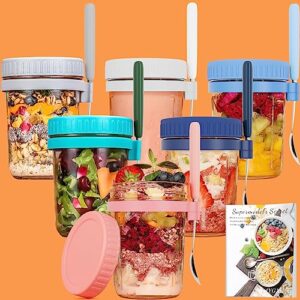 aygxu 6pcs overnight oats containers with lids and spoon,14 oz wide mouth mason jars for overnight oats, glass food storage containers for salads yogurt cereal milk on the go（with recipe book）