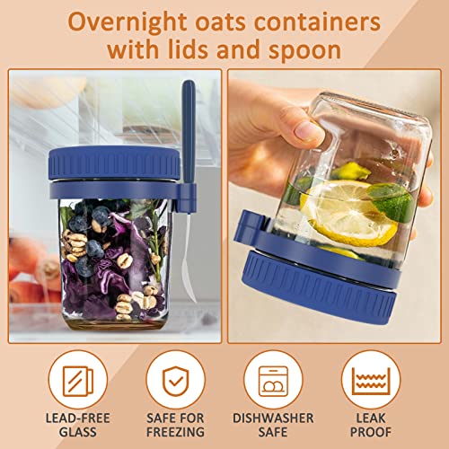 AYGXU 6PCS Overnight Oats Containers with Lids and Spoon,14 oz Wide Mouth Mason Jars for Overnight Oats, Glass Food Storage Containers for Salads Yogurt Cereal Milk On The Go（with Recipe Book）