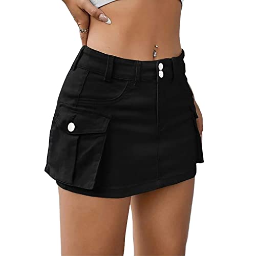 Cargo Skirt Jean Skirt Mini Skirt y2k Jean Skirt for Women Cargo Skirt y2k Cargo Mini Skirt Women's Casual Low Waisted Solid Button Up Denim Jean Skirt Black