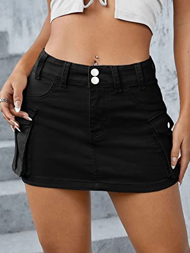 Cargo Skirt Jean Skirt Mini Skirt y2k Jean Skirt for Women Cargo Skirt y2k Cargo Mini Skirt Women's Casual Low Waisted Solid Button Up Denim Jean Skirt Black