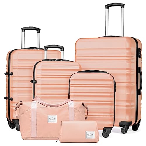 LONG VACATION Luggage Set 4 Piece Luggage Set ABS hardshell TSA Lock Spinner Wheels Luggage Carry on Suitcase (PINK, 6 piece set)