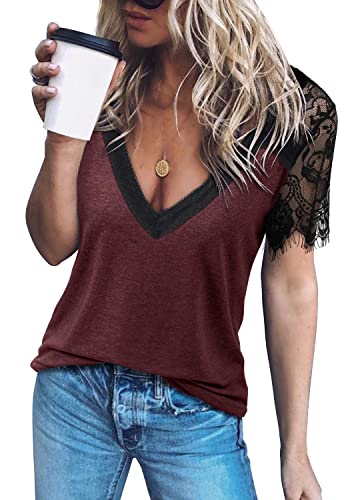 VNK Womens Lace Short Sleeve Shirts V Neck Casual Summer Tops Loose Fit Fashion Blouses Ladies Sexy Tshirts 2023 Wine Red Large