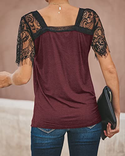 VNK Womens Lace Short Sleeve Shirts V Neck Casual Summer Tops Loose Fit Fashion Blouses Ladies Sexy Tshirts 2023 Wine Red Large