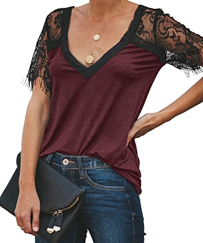 VNK Womens Lace Short Sleeve Shirts V Neck Casual Summer Tops Loose Fit Fashion Blouses Ladies Sexy Tshirts 2023 Wine Red Large