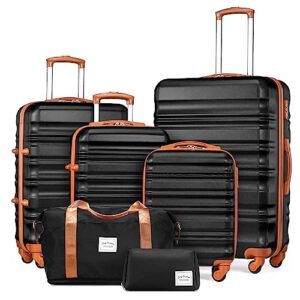 long vacation luggage set 4 piece luggage set abs hardshell tsa lock spinner wheels luggage carry on suitcase (black-brown, 6 piece set)