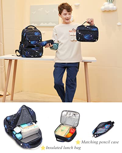 3Pcs Galaxy Childrens Backpacks for Boys, Capacity Elementary Primary School Bags Bookbags for Kids, with Insulated Lunch Bag