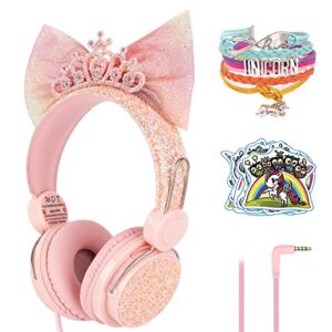 charlxee 𝟐𝟎𝟐𝟑 𝐍𝐞𝐰 priness wired kids headphones for school/travel,clear mic,shareport,95db volume control,nylon cable,stereo sound,adjustable over ear headsets for girls -pink
