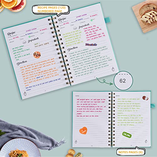 YHCFLY Recipe Book to Write in Your Own Recipes, Sprial Personal Blank Recipe Book, Make Your Own Family Cookbook & Recipe Notebook Organizer, A5 Hardcover, stores 120 recipes- Green