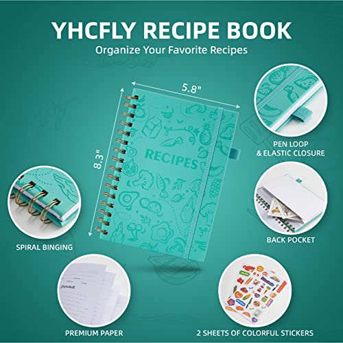 YHCFLY Recipe Book to Write in Your Own Recipes, Sprial Personal Blank Recipe Book, Make Your Own Family Cookbook & Recipe Notebook Organizer, A5 Hardcover, stores 120 recipes- Green
