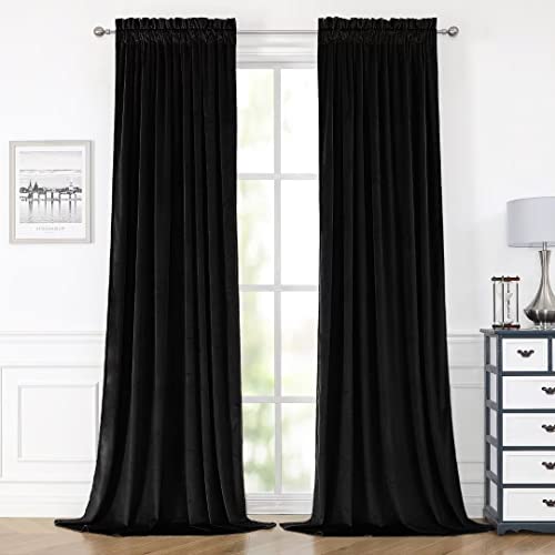 YURIHOME Black Velvet Curtains 84 Inches for Bedroom, Thermal Insulated Blackout Curtains- Room Darkening Sun Blocking Rod Pocket Window Drapes for Living Room, 2 Panels, 42 x 84 Inches