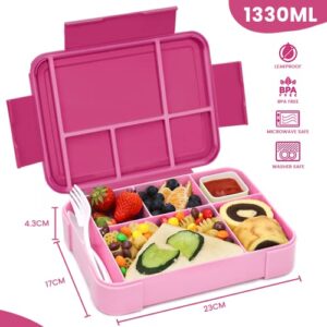 Bugucat Bento Box 45OZ, Leak-Proof Lunch Box with 6 Compartments Cutlery, Lunch Containers for Adult Food Storage Container with Leak-proof Silicone Ring Suitable for Microwave Dishwasher Pink