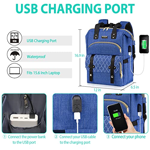 School Backpack for Teens Boys Girls, Laptop Backpack for Men Women, Bookbag for School, 15.6 Inch Work Laptop Bag with USB Charging Port, Wide Open Large Water Resistant Nurse Backpack Purse, Daypacks for College Business, Navy Blue