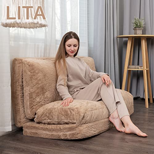 LITA Folding Mattress Sofa, Foldable Double Sofa Bed Foam Filling Convertible Sleeper Sofa Bed Modern Soft Faux Fur Wall Sofa Bed with Removable Cover for Living Room/Apartment/Dorm, Khaki