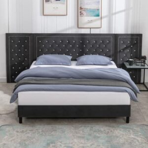 zafly upholstered california king size bed frame with oversized crystal button tufted headboard,velvet platform damazy eastern bed,wooden slats support,no box spring needed,easy assembly,dark grey