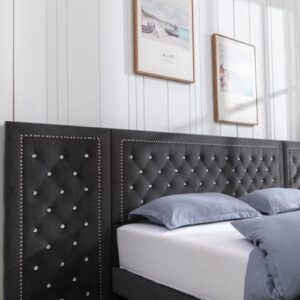 ZAFLY Upholstered California King Size Bed Frame with Oversized Crystal Button Tufted Headboard,Velvet Platform Damazy Eastern Bed,Wooden Slats Support,No Box Spring Needed,Easy Assembly,Dark Grey