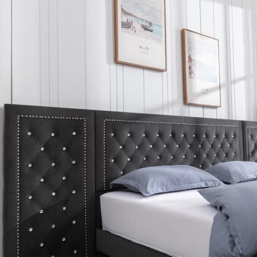 ZAFLY Upholstered California King Size Bed Frame with Oversized Crystal Button Tufted Headboard,Velvet Platform Damazy Eastern Bed,Wooden Slats Support,No Box Spring Needed,Easy Assembly,Dark Grey