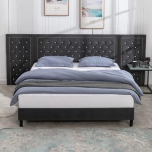 ZAFLY Upholstered California King Size Bed Frame with Oversized Crystal Button Tufted Headboard,Velvet Platform Damazy Eastern Bed,Wooden Slats Support,No Box Spring Needed,Easy Assembly,Dark Grey