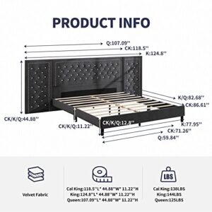 ZAFLY Upholstered California King Size Bed Frame with Oversized Crystal Button Tufted Headboard,Velvet Platform Damazy Eastern Bed,Wooden Slats Support,No Box Spring Needed,Easy Assembly,Dark Grey