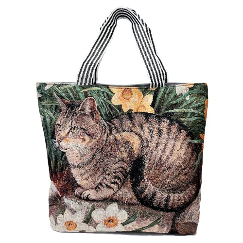 Cute Cat Canvas Tote Bag,Tabby Shoulder Bag with Zipper for Women Girls,Reusable Canvas Tote Bag for School Grocery Shopping