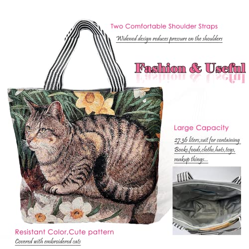 Cute Cat Canvas Tote Bag,Tabby Shoulder Bag with Zipper for Women Girls,Reusable Canvas Tote Bag for School Grocery Shopping