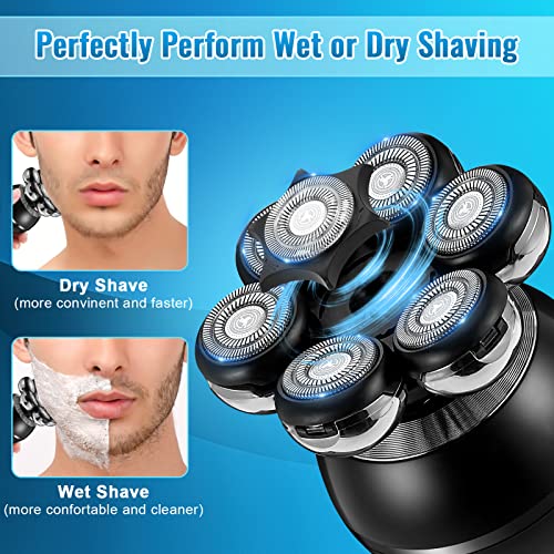 Head Shavers for Bald Men, Wjiang 6 in 1 Electric Razor Mens Shaver Wet Dry Cordless Electric Skull Shavers 7D Floating Rechargeable Bald Head Shaver Back Shaver Head Shaver for Men Father's Day gifts