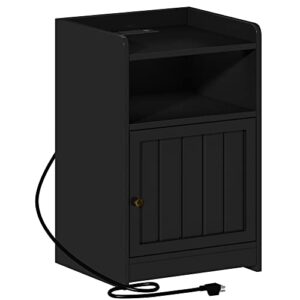 ChooChoo Nightstand with Charging Station, Night Stand with Cabinet and Open Storage, 2 AC and USB Power Outlets, Bed Side Table for Bedroom, Black