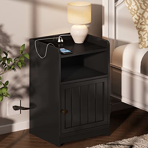 ChooChoo Nightstand with Charging Station, Night Stand with Cabinet and Open Storage, 2 AC and USB Power Outlets, Bed Side Table for Bedroom, Black