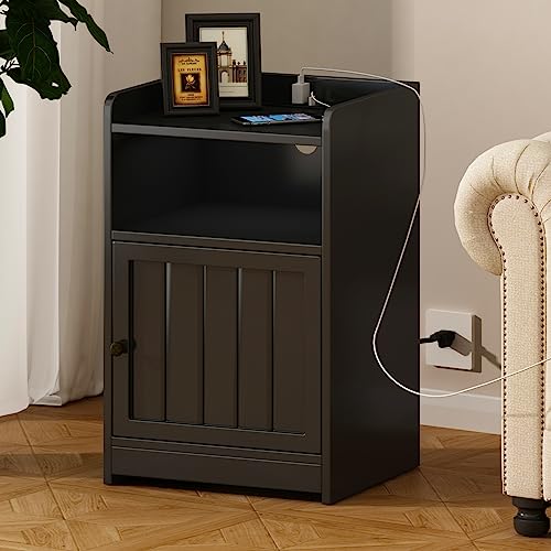 ChooChoo Nightstand with Charging Station, Night Stand with Cabinet and Open Storage, 2 AC and USB Power Outlets, Bed Side Table for Bedroom, Black