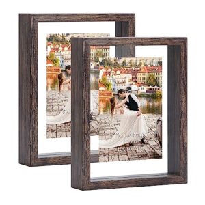 trwcrt 4x6 picture frame set of 2, double side tempered glass floating picture frames, display up to 6 x 8 photos for desktop or wall hanging, brown